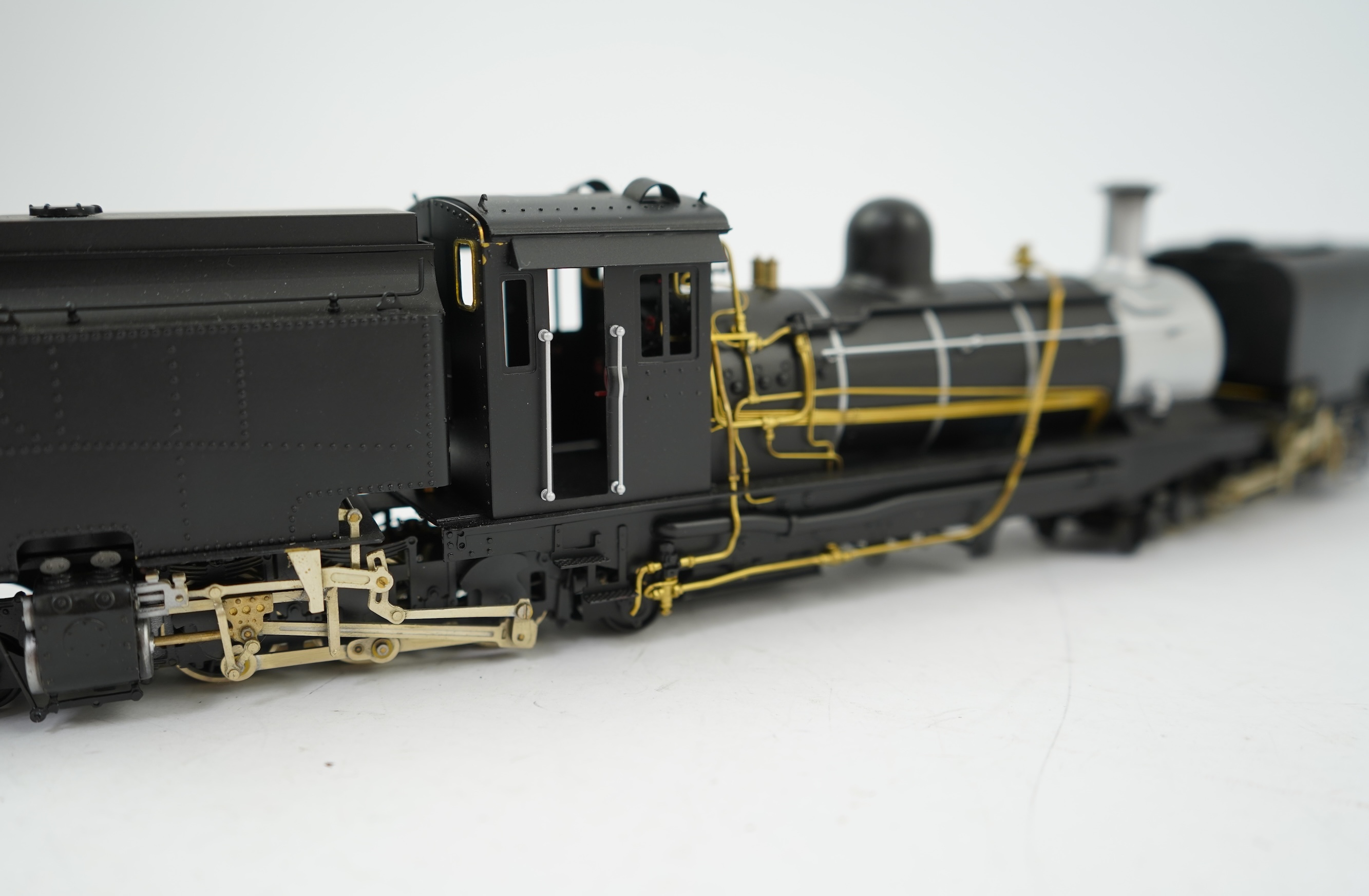 An On30 gauge (1:48 scale) 2-6-2+2-6-2 Beyer-Garratt locomotive, a finely detailed model, of painted brass, etc. construction, running on 00 gauge track and powered for two rail operation